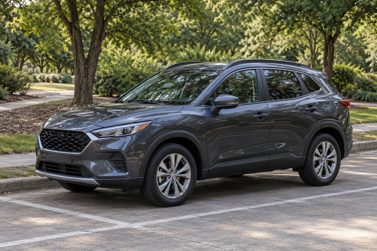 Illustrative unbranded compact SUV in a quiet paved parking area beside shade trees